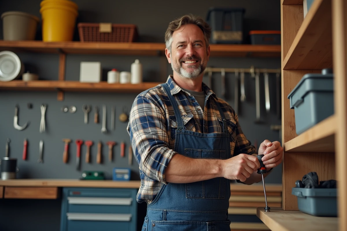Homme en chemise à carreaux dans un garage organisé