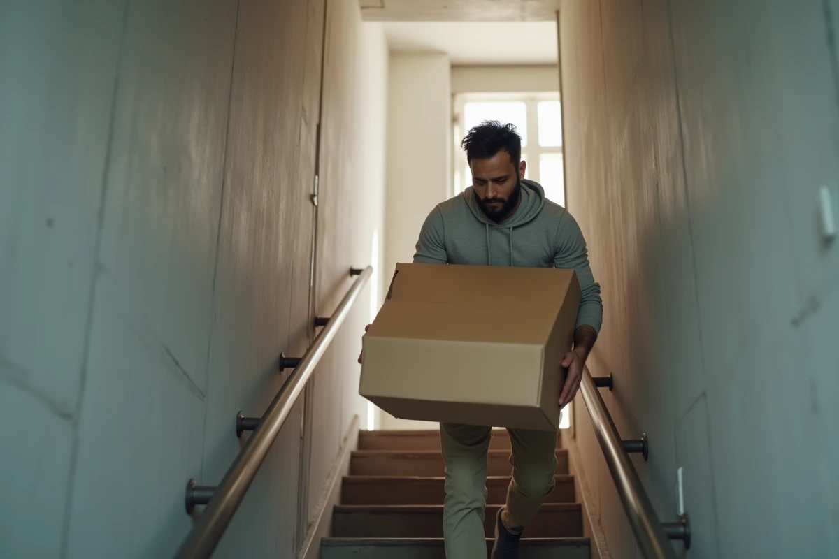 Homme portant des cartons lors d'un emménagement dans un immeuble résidentiel urbain