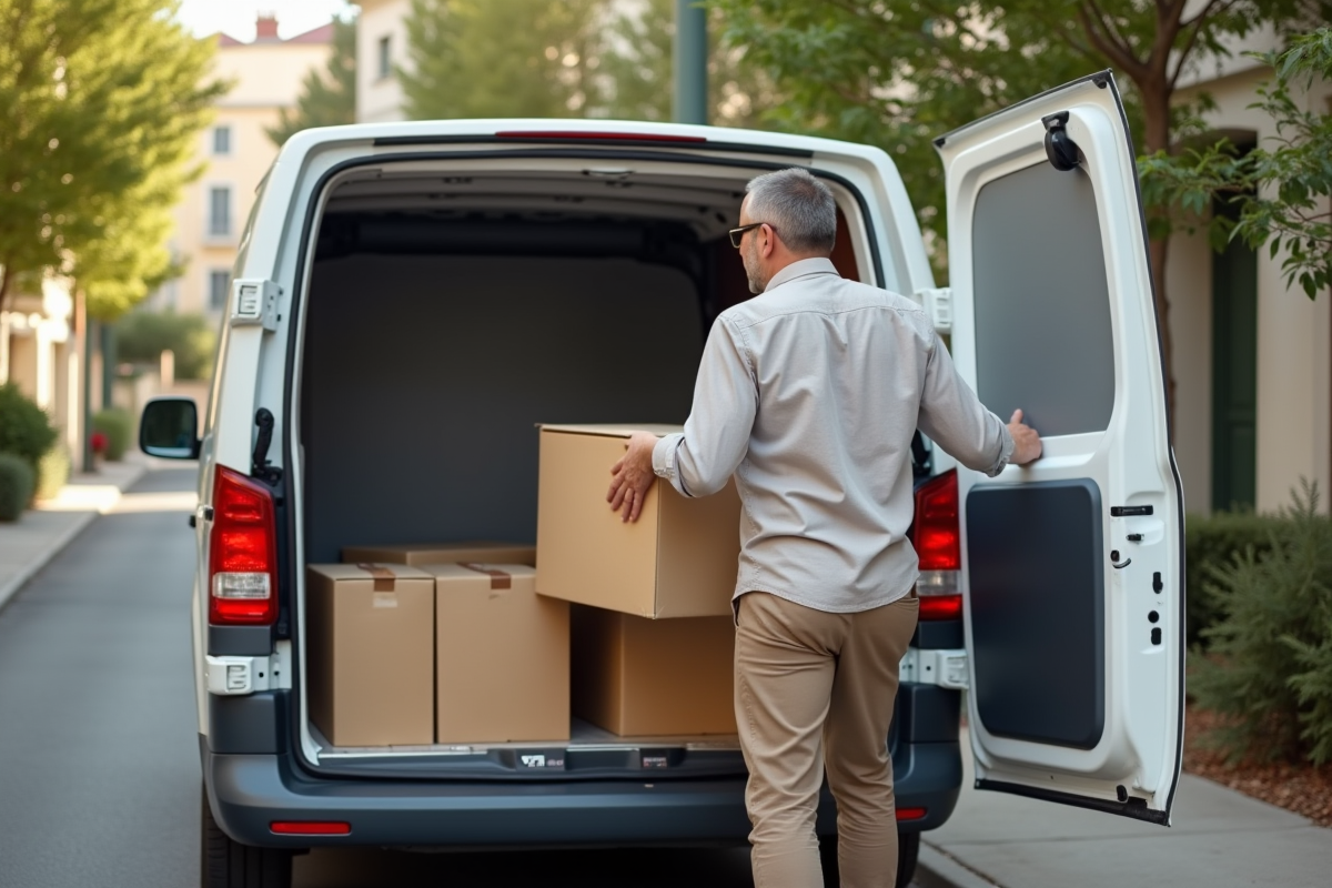 Homme chargeant des cartons dans une voiture en banlieue