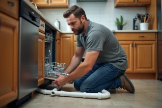 Homme connectant un tuyau de lave-vaisselle sous l'évier