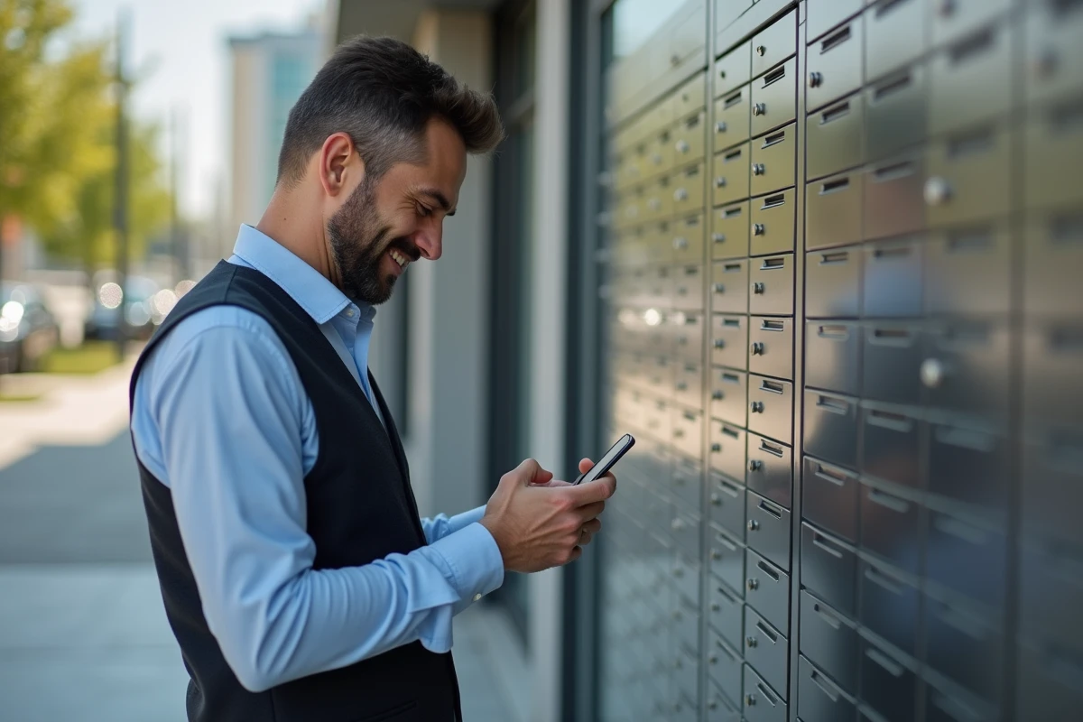 Homme vérifiant son smartphone devant un immeuble résidentiel