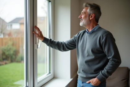Homme vérifiant une fenêtre double vitrage dans une maison moderne