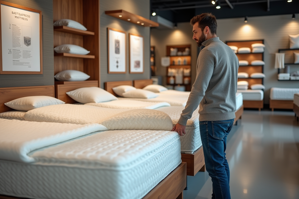 Homme regarde les couches de matelas en magasin