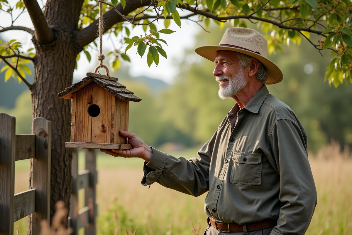 Homme accrochant un hotel à abeilles sur un arbre