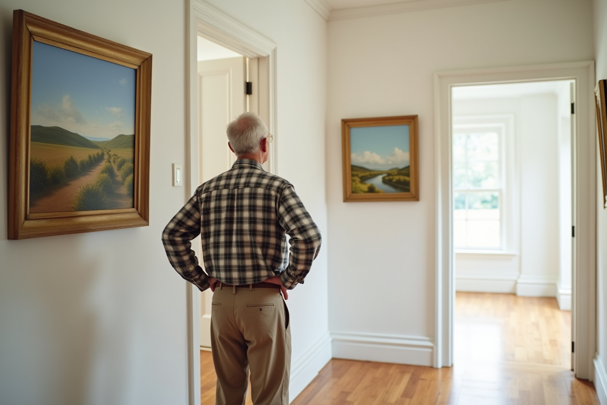 Homme évaluant des peintures dans un couloir lumineux