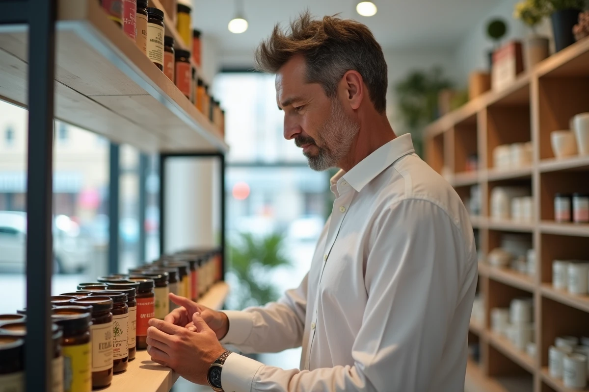 Homme regardant des bougies artisanales dans une boutique de décoration