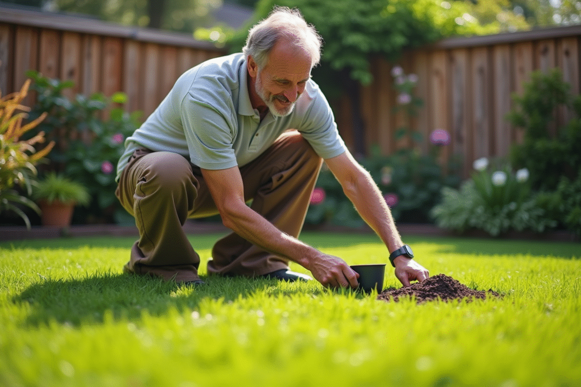 Homme d'âge moyen appliquant de l'engrais dans son jardin