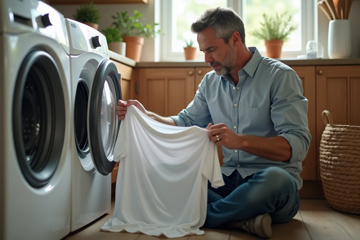 Homme inspectant un vêtement blanc dans la machine à laver