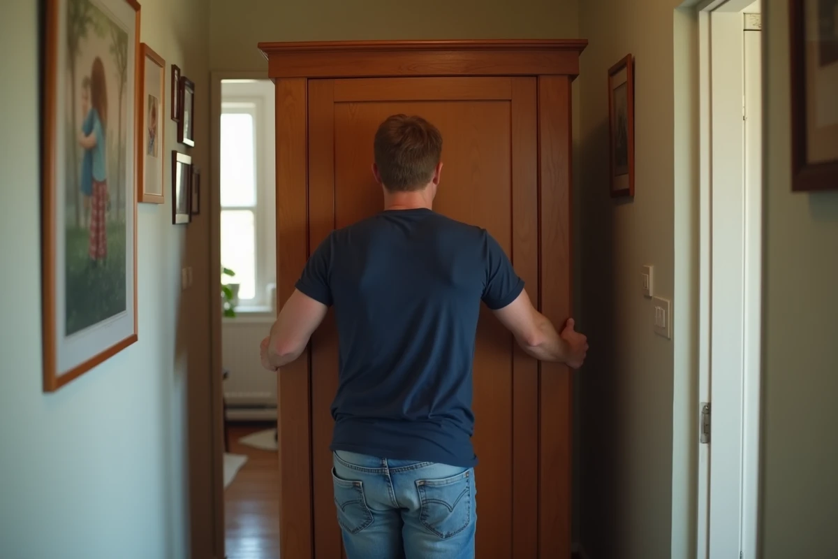 Homme guidant un grand meuble en bois dans un couloir étroit