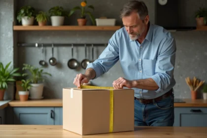 Homme d'âge moyen mesurant un carton en cuisine