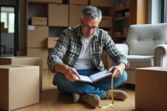 Homme mesurant des cartons dans un salon organisé