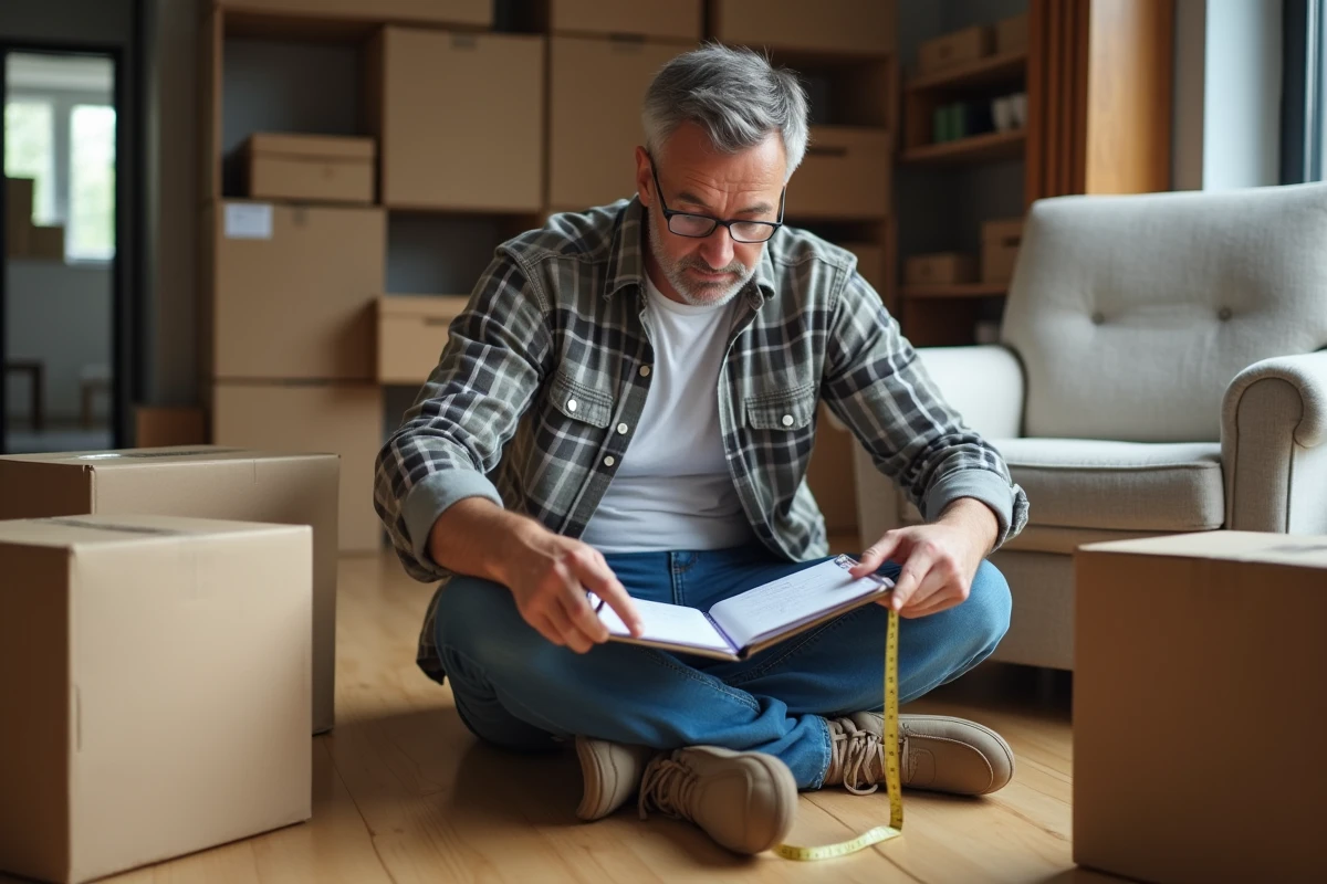 Homme mesurant des cartons dans un salon organisé