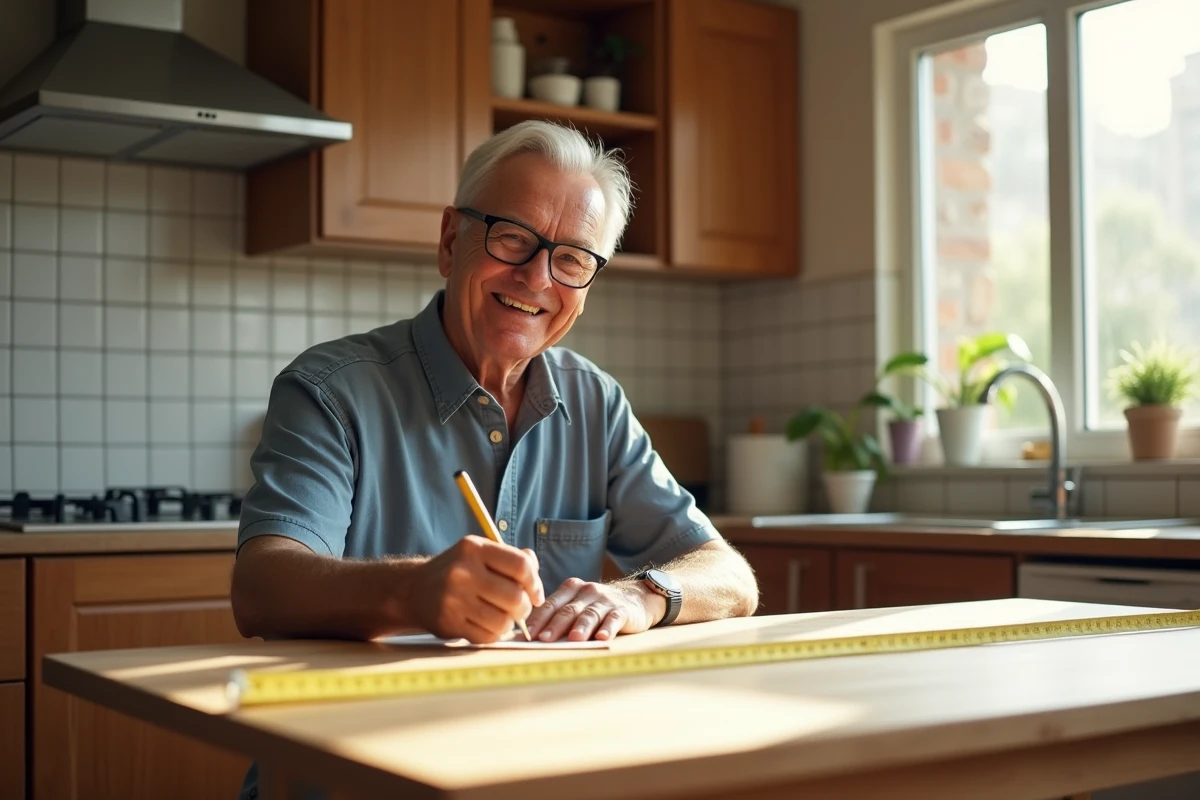 Homme mesure la table avec un ruban dans la cuisine lumineuse