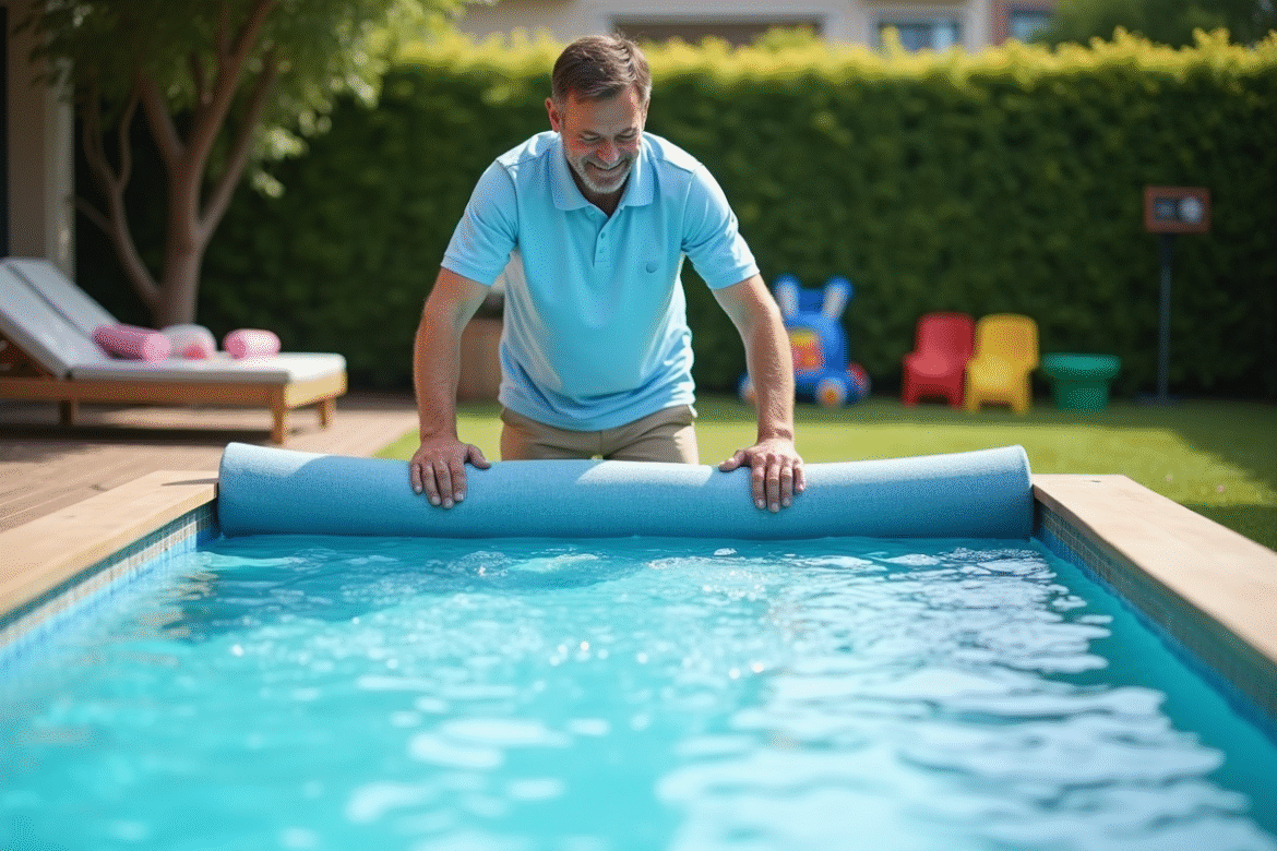 Homme en polo bleu pose une couverture à bulles sur la piscine