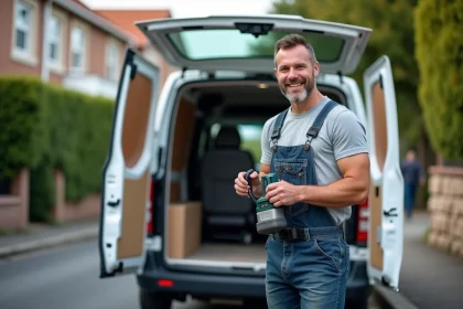 Homme souriant charge un outil dans une camionnette blanche