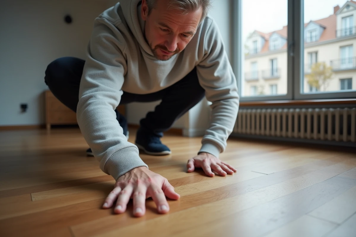 Homme en train de toucher le parquet dans un salon moderne