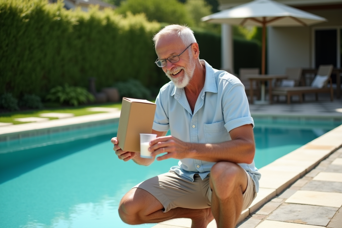 Homme d'âge moyen versant bicarbonate dans un seau au bord de la piscine