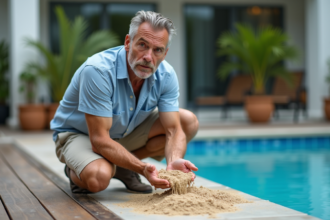 Homme d'âge moyen examine du sable dans la piscine