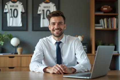 Jeune homme en bureau avec memorabilia football