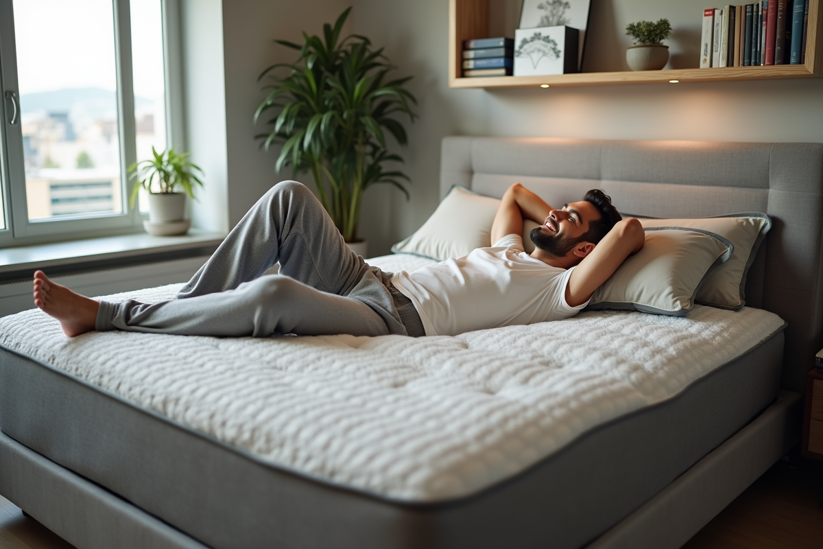Homme détendu allongé sur un lit dans une chambre moderne