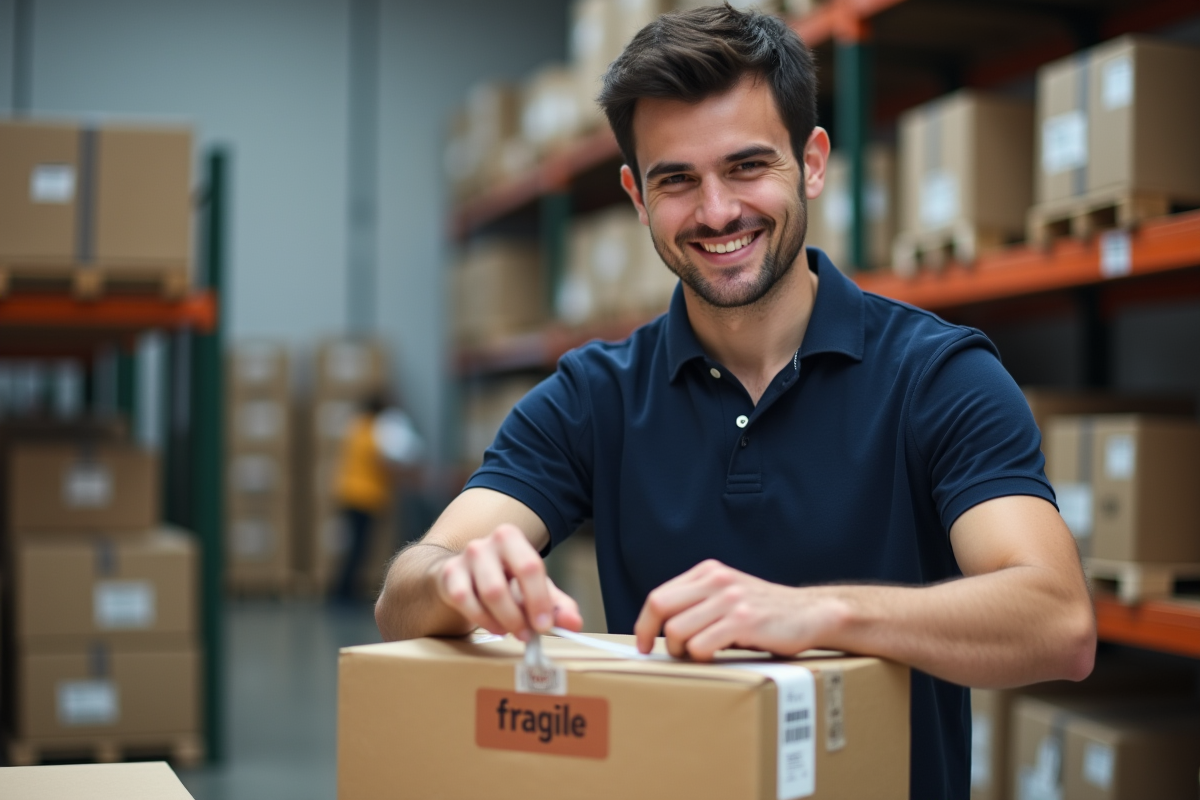 Jeune homme scellant un colis fragile dans un centre logistique