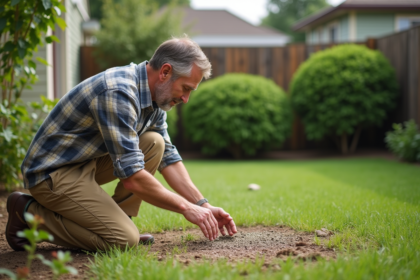 Homme d'âge moyen en pantalon beige et chemise à carreaux en train de semer du gazon dans un jardin