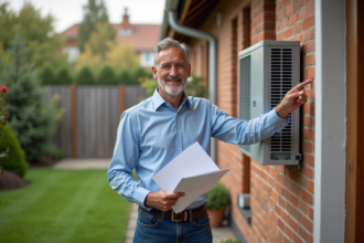 Homme souriant avec papier officiel devant une pompe à chaleur
