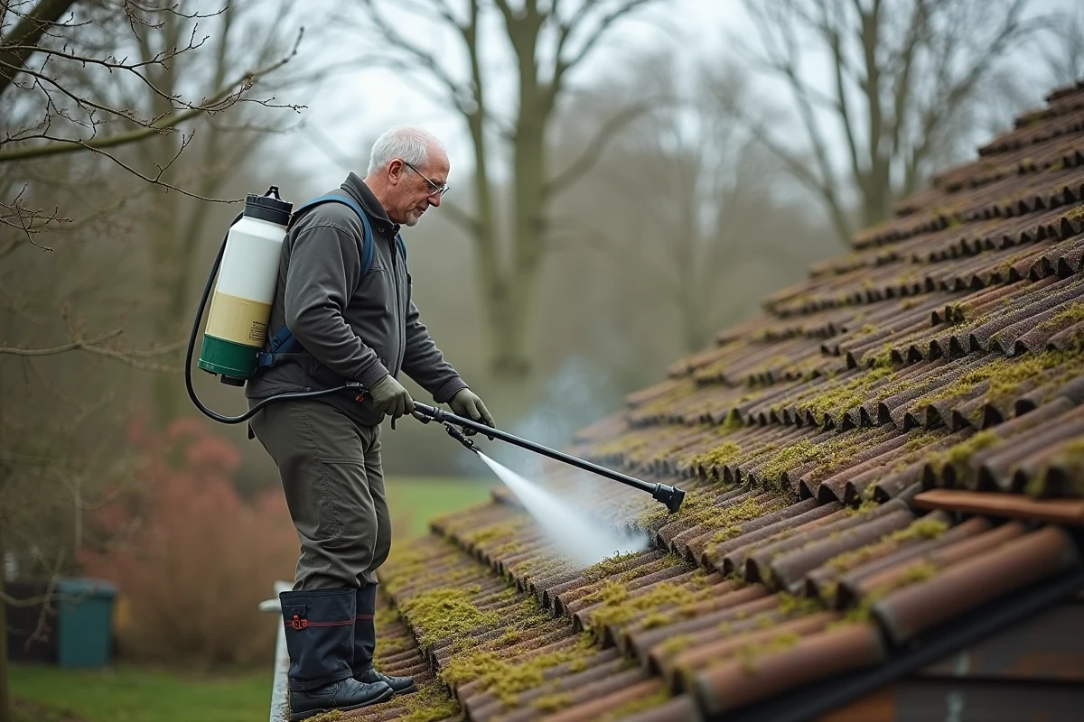 Homme appliquant traitement écologique sur toit en tuiles