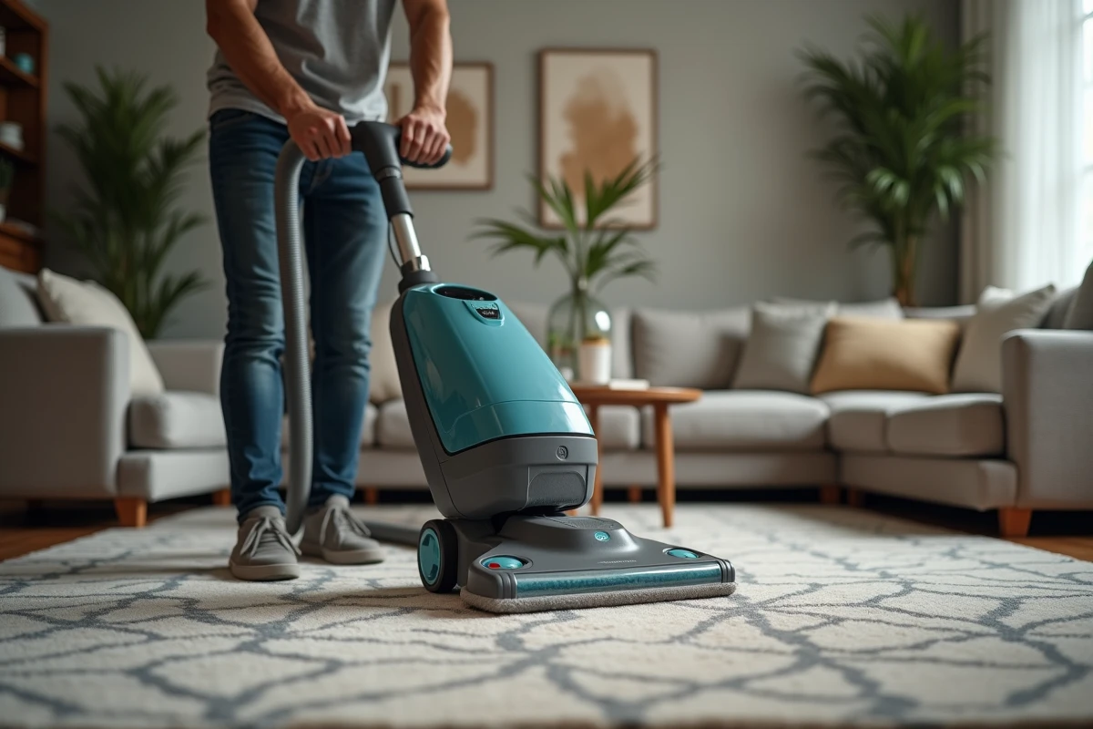 Homme utilisant une shampouineuse sur un tapis de salon avec un résultat de nettoyage visible