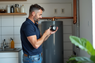Homme vérifiant le compteur d'un chauffe-eau solaire dans une pièce moderne