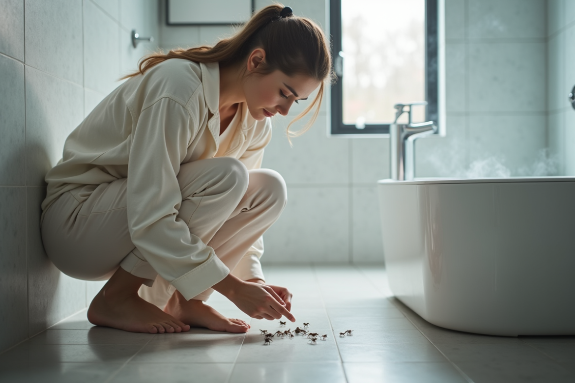 Jeune femme inspectant des insectes dans la salle de bain