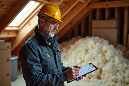 Homme en tenue de travail inspectant l'isolation dans un grenier