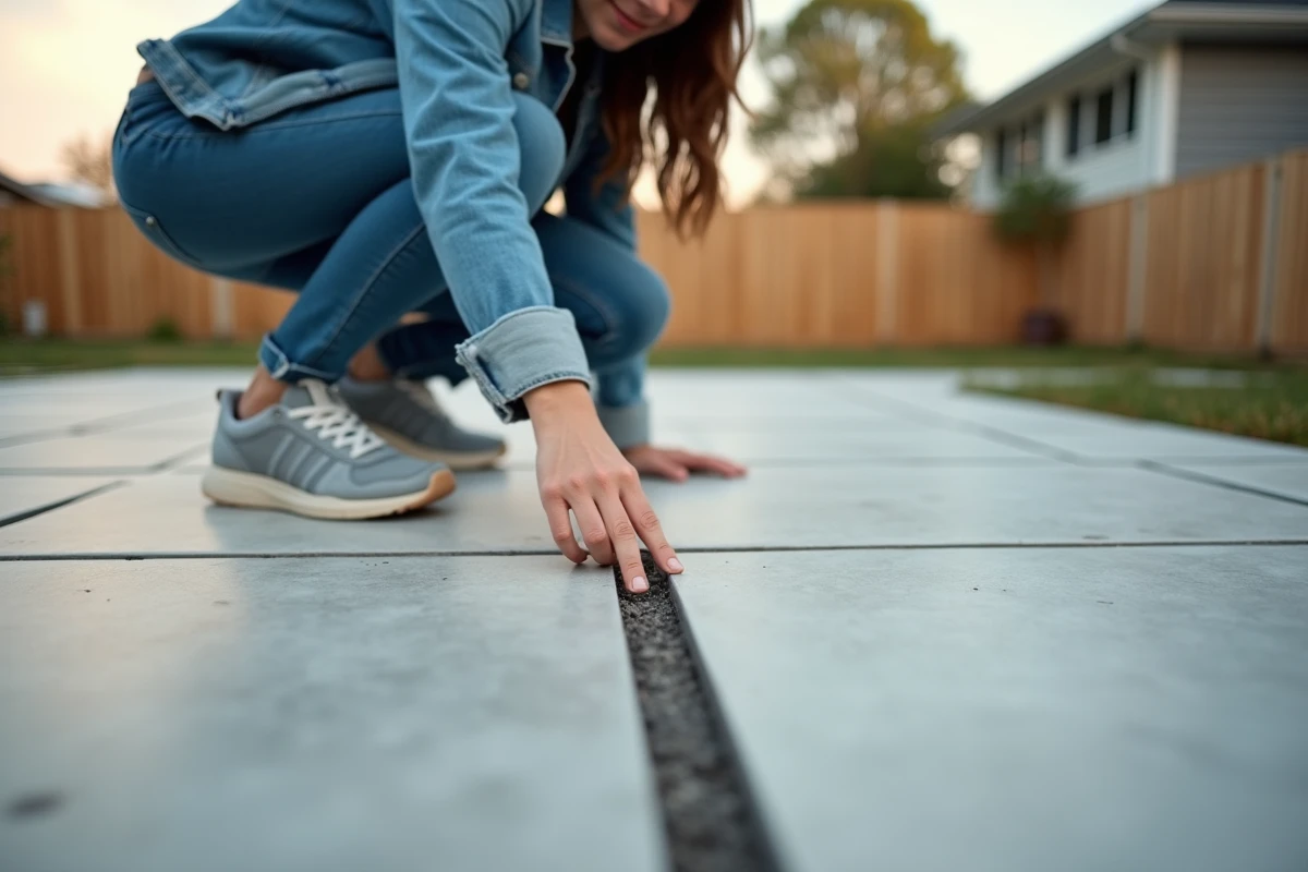 Jeune femme inspectant joint sur terrasse moderne