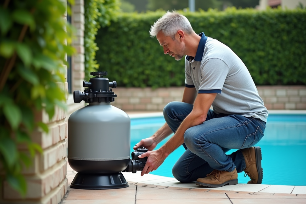 Homme inspectant un filtre de piscine dans un jardin