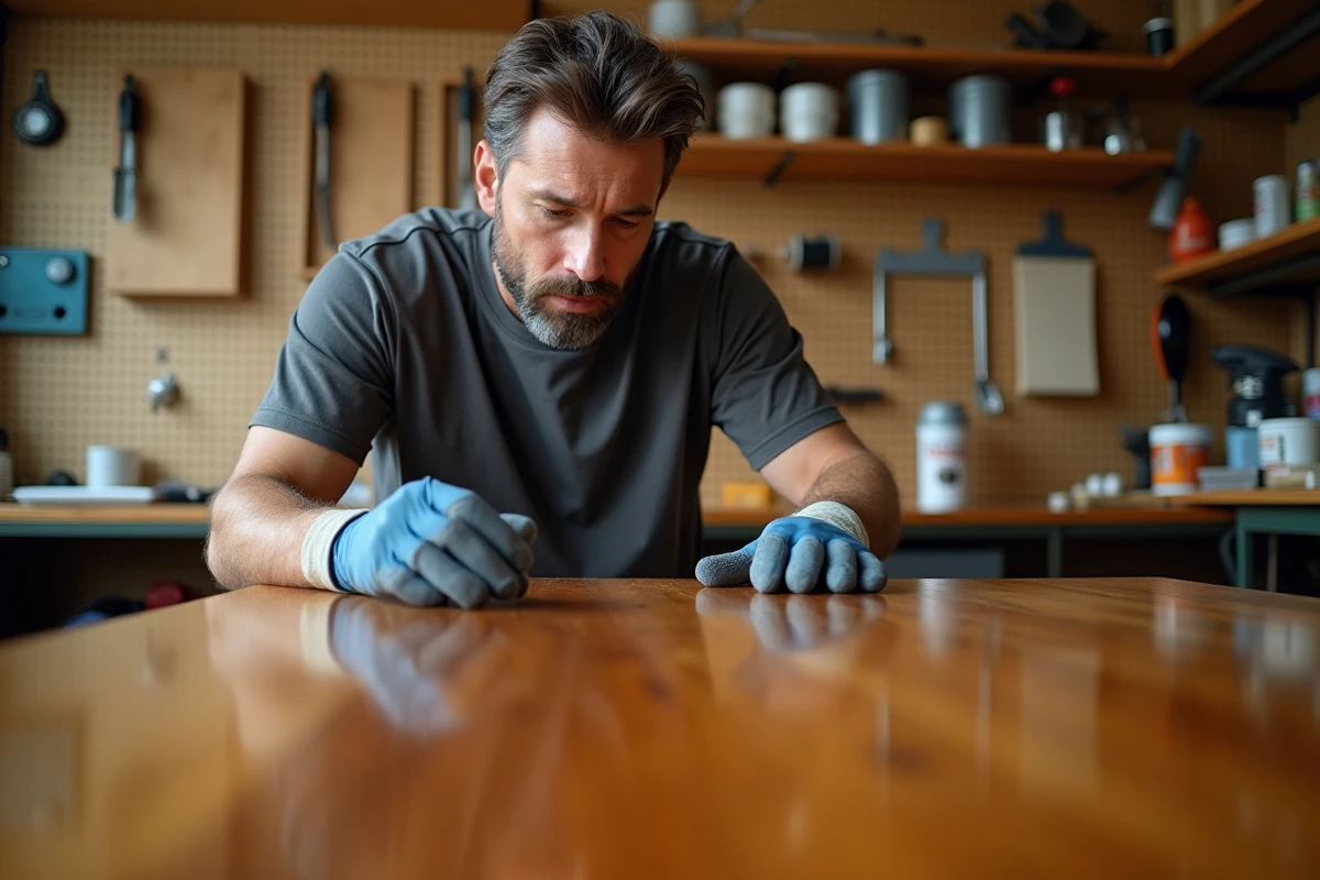 Homme inspectant la surface vernie d'une table basse en bois après application du POLILAR dans un atelier de bricolage