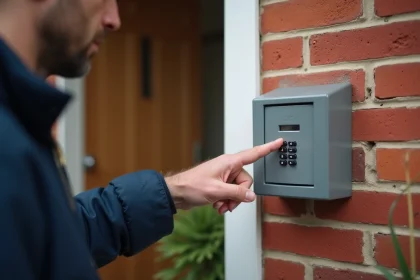 Homme installant une boîte à clé code sur un mur en briques rouges à l'extérieur d'une maison