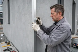 Pose d'une cornière aluminium extérieure sur un angle de façade par un professionnel du bâtiment avec outils de fixation