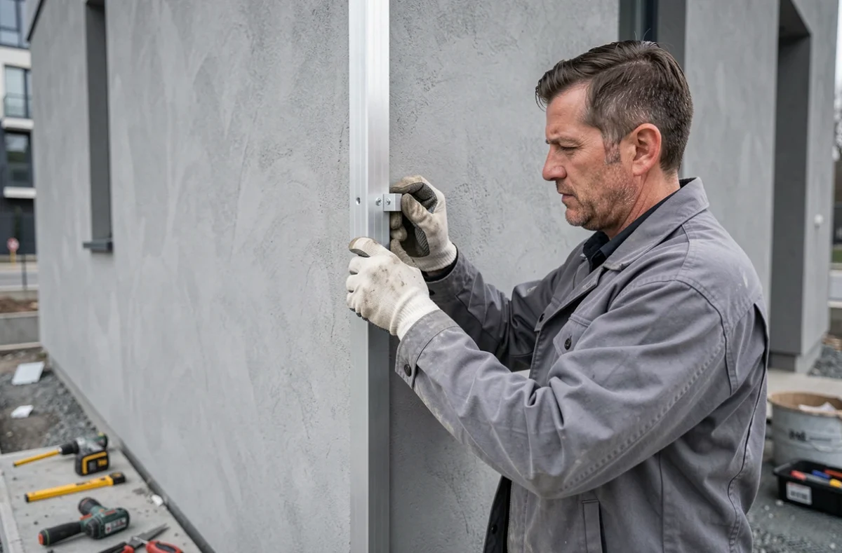 Pose d'une cornière aluminium extérieure sur un angle de façade par un professionnel du bâtiment avec outils de fixation
