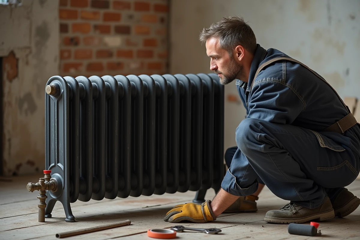 Homme installant seul un radiateur en fonte dans un appartement en rénovation, avec outils de plomberie au sol