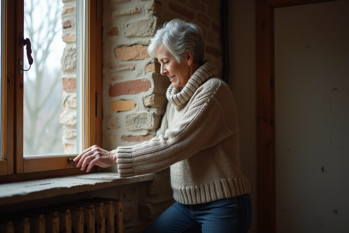 Femme isolant une fenêtre ancienne avec du ruban adhésif