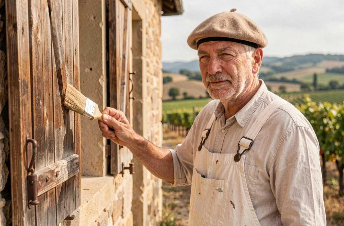 Peintre traditionnel de l'entreprise Jacques Vial appliquant une peinture à l'huile sur des volets en bois dans le Rhône