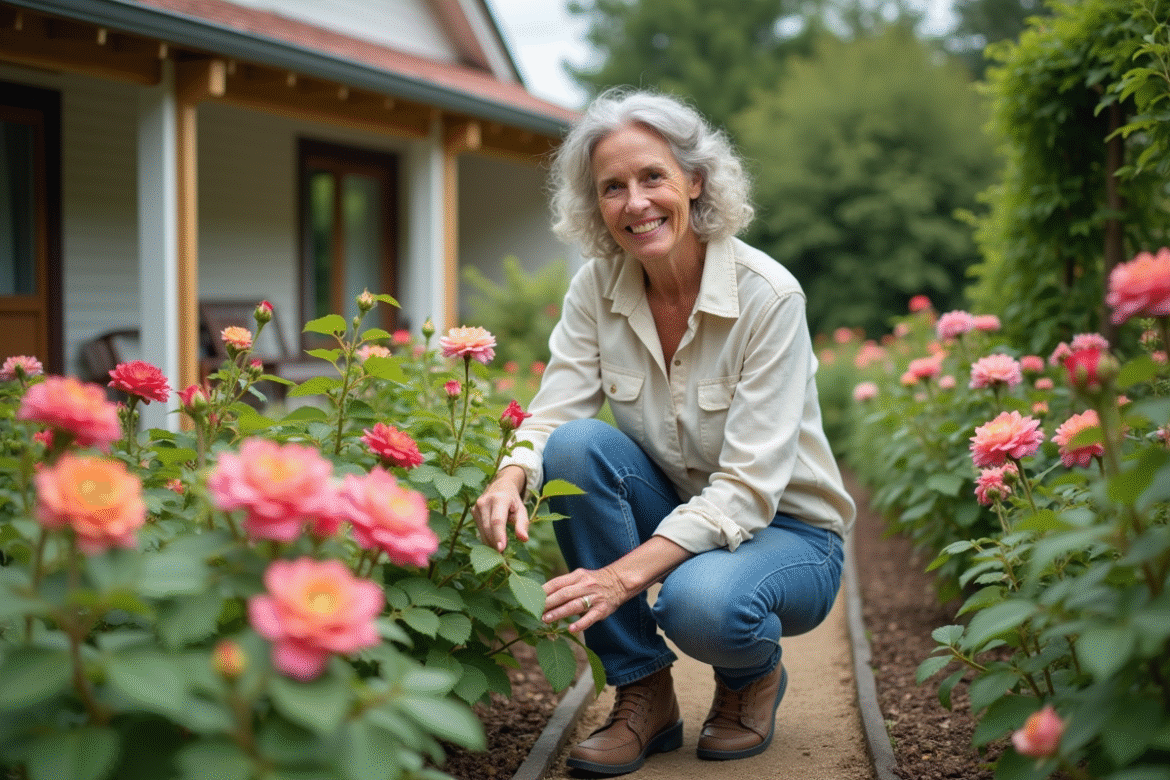 Femme d'âge moyen taillant des roses dans un jardin fleuri