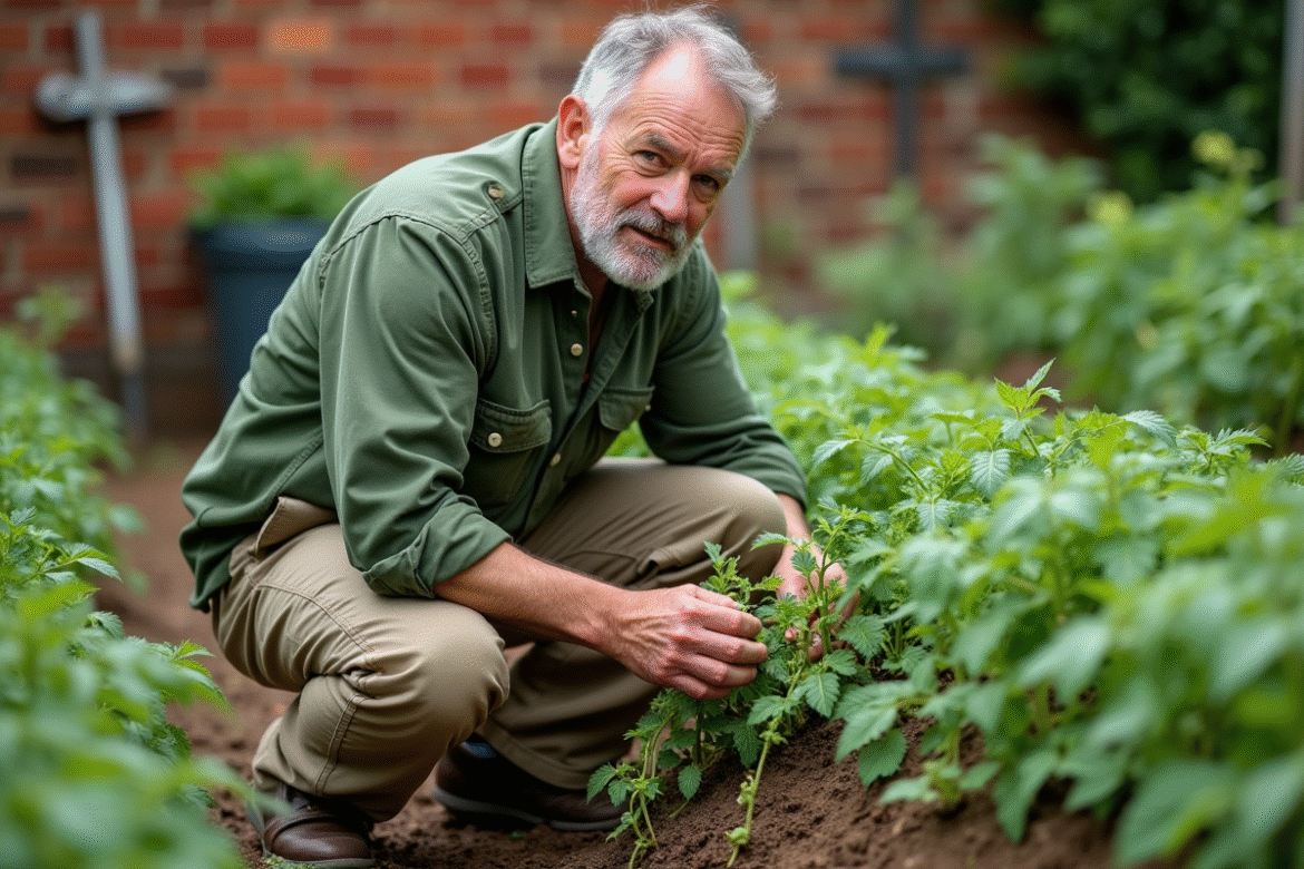 Homme jardinier en action dans un potager avec vignes