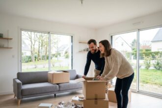 Jeune couple déballant des cartons dans un salon lumineux