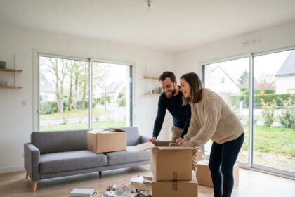 Jeune couple déballant des cartons dans un salon lumineux