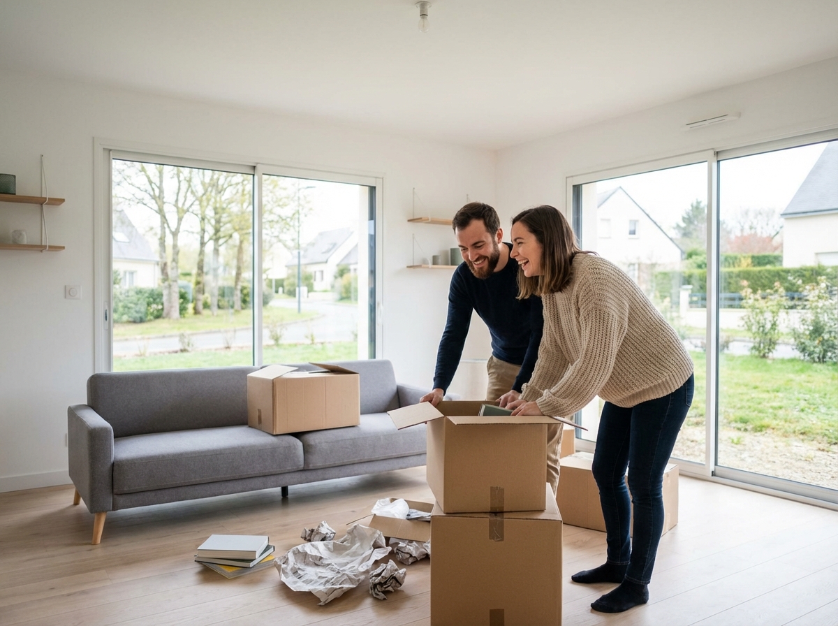 Jeune couple déballant des cartons dans un salon lumineux