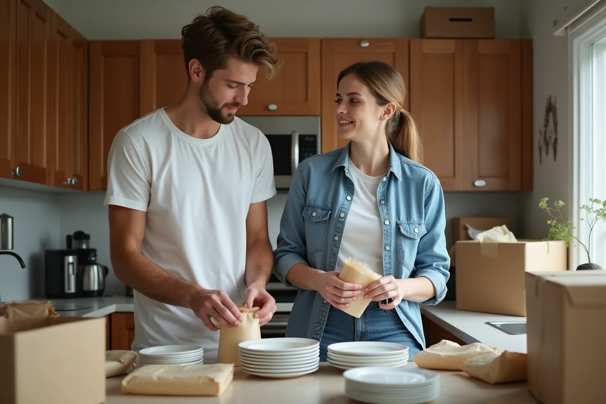 Jeune couple emballant des plats dans une cuisine organisée