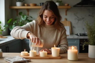 Jeune femme versant cire fondue dans des moules à bougies dans une cuisine chaleureuse