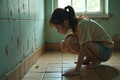 Jeune femme observant un insecte dans la salle de bain