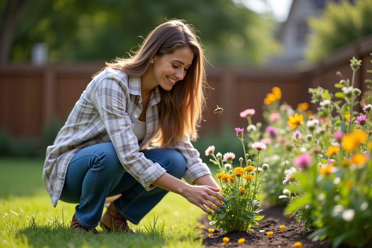 Jeune femme plantant des fleurs dans un jardin en été